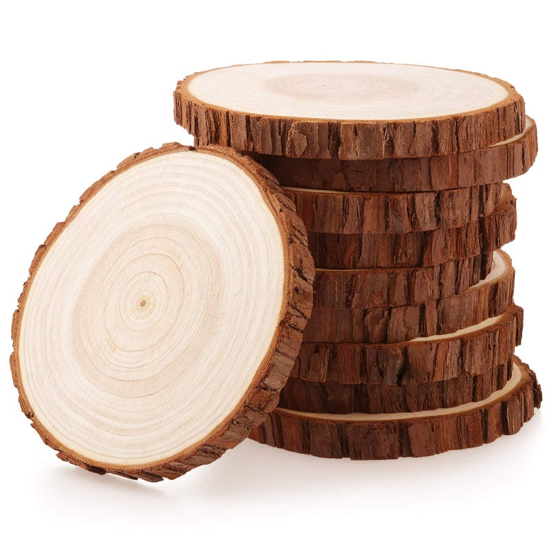 Fuyit Unfinished Wood Slices for Centerpieces, 10Pcs 4.7-5.1 Inch Natural Wooden Round Discs with Bark for Rustic DIY Crafts, Table Base, Wedding Decoration - Image 1